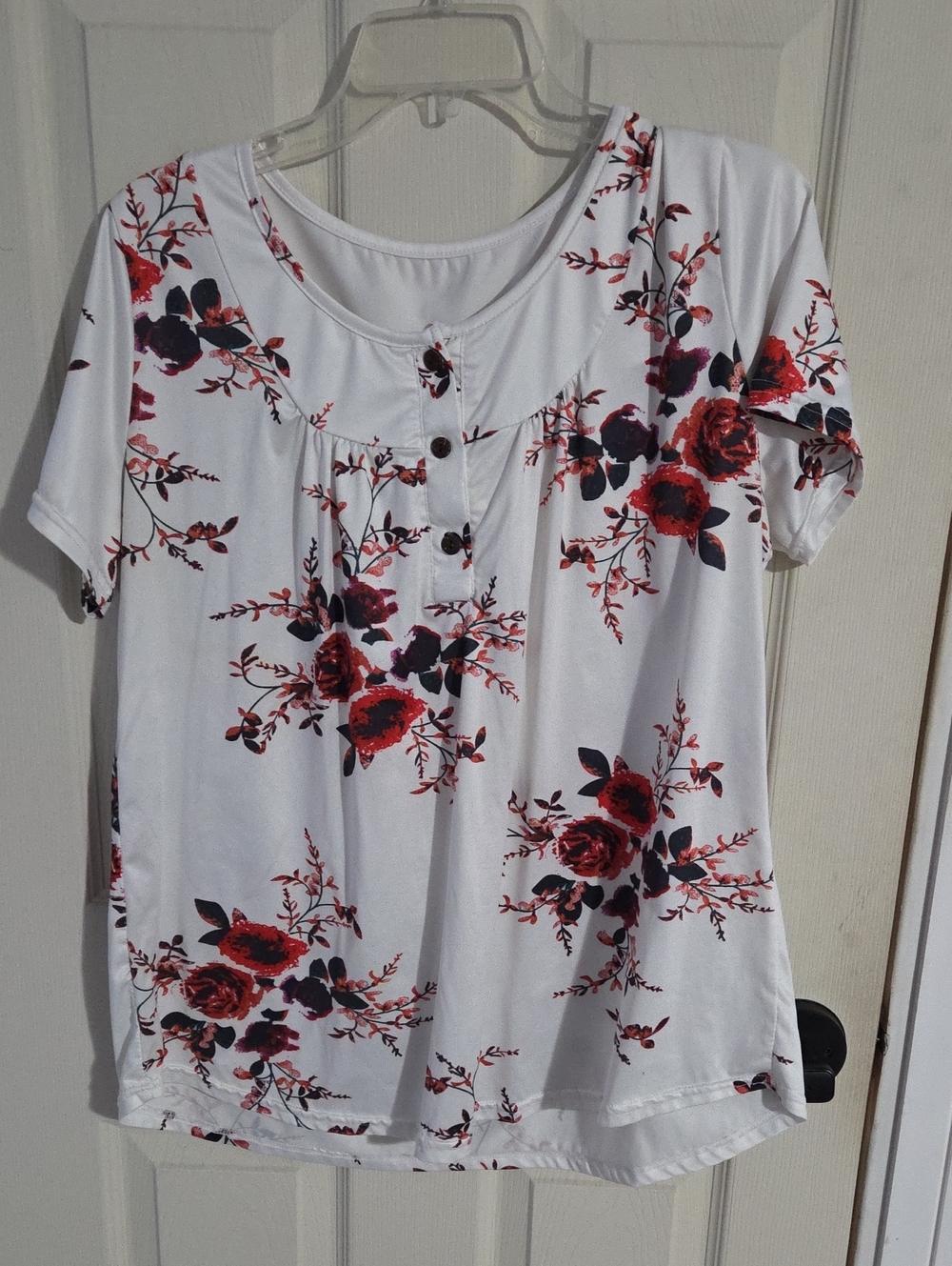 White Short-Sleeve Floral Button-Front Women's Top